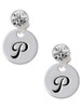 Silver Plated Large Script Letter Disc - P - Crystal Clip on Earrings