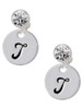 Silver Plated Large Script Letter Disc - T - Crystal Clip on Earrings