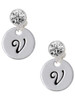 Silver Plated Large Script Letter Disc - V - Crystal Clip on Earrings: Color Choice - Red, Green, Blue, Purple, Pink, Clear, Black