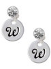 Silver Plated Large Script Letter Disc - W - Crystal Clip on Earrings