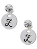 Silver Plated Large Script Letter Disc - Z - Crystal Clip on Earrings: Color Choice - Red, Green, Blue, Purple, Pink, Clear, Black
