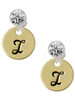 Gold-tone Large Disc Letter - I - Crystal Clip on Earrings