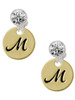 Gold-tone Large Disc Letter - M - Crystal Clip on Earrings