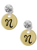 Gold-tone Large Disc Letter - N - Crystal Clip on Earrings