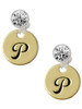 Gold-tone Large Disc Letter - P - Crystal Clip on Earrings