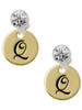 Gold-tone Large Disc Letter - Q - Crystal Clip on Earrings: Color Choice - Red, Green, Blue, Purple, Pink, Clear, Black