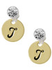 Gold-tone Large Disc Letter - T - Crystal Clip on Earrings: Color Choice - Red, Green, Blue, Purple, Pink, Clear, Black