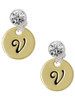 Gold-tone Large Disc Letter - V - Crystal Clip on Earrings: Color Choice - Red, Green, Blue, Purple, Pink, Clear, Black