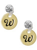 Gold-tone Large Disc Letter - W - Crystal Clip on Earrings: Color Choice - Red, Green, Blue, Purple, Pink, Clear, Black