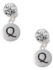 Silver Plated Capital Letter - Q - Pebble Disc - Crystal Clip on Earrings