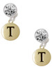 Gold-tone Capital Letter - T - Pebble Disc - Crystal Clip on Earrings