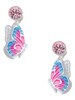 Silver Plated Large Translucent Hot Pink & Blue Flying Butterfly - Crystal Clip on Earrings