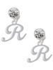 Silver Plated Small Gelato Script Initial - R - Crystal Clip on Earrings: Color Choice - Red, Green, Blue, Purple, Pink, Clear, Black