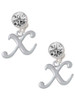 Silver Plated Small Gelato Script Initial - X - Crystal Clip on Earrings: Color Choice - Red, Green, Blue, Purple, Pink, Clear, Black