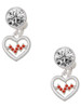 Silver Plated Heart with Red Crystal Heartbeat - Crystal Clip on Earrings: Color Choice - Red, Green, Blue, Purple, Pink, Clear, Black