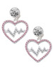 Silver Plated Large Pink Crystal Heart with Clear Heartbeat - Crystal Clip on Earrings: Color Choice - Red, Green, Blue, Purple, Pink, Clear, Black