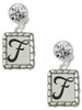 Silver Plated Pebble Border Initial - F - Crystal Clip on Earrings: Color Choice - Red, Green, Blue, Purple, Pink, Clear, Black
