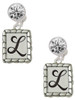 Silver Plated Pebble Border Initial - L - Crystal Clip on Earrings: Color Choice - Red, Green, Blue, Purple, Pink, Clear, Black