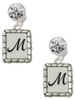 Silver Plated Pebble Border Initial - M - Crystal Clip on Earrings: Color Choice - Red, Green, Blue, Purple, Pink, Clear, Black