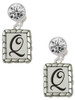 Silver Plated Pebble Border Initial - Q - Crystal Clip on Earrings: Color Choice - Red, Green, Blue, Purple, Pink, Clear, Black