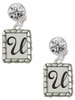 Silver Plated Pebble Border Initial - U - Crystal Clip on Earrings: Color Choice - Red, Green, Blue, Purple, Pink, Clear, Black