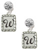 Silver Plated Pebble Border Initial - W - Crystal Clip on Earrings: Color Choice - Red, Green, Blue, Purple, Pink, Clear, Black