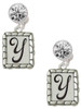 Silver Plated Pebble Border Initial - Y - Crystal Clip on Earrings: Color Choice - Red, Green, Blue, Purple, Pink, Clear, Black