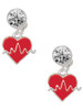Silver Plated Heartbeat on Red Heart - Crystal Clip on Earrings: Color Choice - Red, Green, Blue, Purple, Pink, Clear, Black