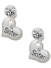 Silver Plated Large ''Sister'' Heart with Clear Crystal - Crystal Clip on Earrings