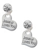 Silver Plated Large Jesus Loves You Heart - Crystal Clip on Earrings