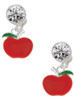 Silver Plated Small Red Apple - Crystal Clip on Earrings: Color Choice - Red, Green, Blue, Purple, Pink, Clear, Black