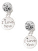 Silver Plated I Love You Disc - Crystal Clip on Earrings: Color Choice - Red, Green, Blue, Purple, Pink, Clear, Black