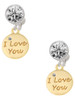 Gold-tone I Love You Disc - Crystal Clip on Earrings: Color Choice - Red, Green, Blue, Purple, Pink, Clear, Black
