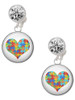 Silver Plated Domed Puzzle Piece Heart - Crystal Clip on Earrings: Color Choice - Red, Green, Blue, Purple, Pink, Clear, Black