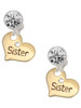 Gold-tone Large Sister Heart with Clear Crystal - Crystal Clip on Earrings: Color Choice - Red, Green, Blue, Purple, Pink, Clear, Black