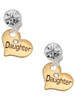 Gold-tone Large Daughter Heart with Crystal - Crystal Clip on Earrings: Color Choice - Red, Green, Blue, Purple, Pink, Clear, Black