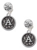 Silver Plated Antiqued Round Seal - Initial - A - Crystal Clip on Earrings