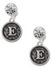 Silver Plated Antiqued Round Seal - Initial - E - Crystal Clip on Earrings: Color Choice - Red, Green, Blue, Purple, Pink, Clear, Black