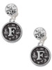 Silver Plated Antiqued Round Seal - Initial - F - Crystal Clip on Earrings: Color Choice - Red, Green, Blue, Purple, Pink, Clear, Black
