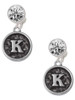 Silver Plated Antiqued Round Seal - Initial - K - Crystal Clip on Earrings