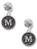 Silver Plated Antiqued Round Seal - Initial - M - Crystal Clip on Earrings