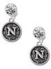Silver Plated Antiqued Round Seal - Initial - N - Crystal Clip on Earrings: Color Choice - Red, Green, Blue, Purple, Pink, Clear, Black