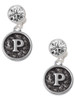 Silver Plated Antiqued Round Seal - Initial - P - Crystal Clip on Earrings