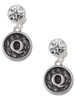 Silver Plated Antiqued Round Seal - Initial - Q - Crystal Clip on Earrings