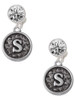 Silver Plated Antiqued Round Seal - Initial - S - Crystal Clip on Earrings: Color Choice - Red, Green, Blue, Purple, Pink, Clear, Black