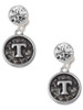 Silver Plated Antiqued Round Seal - Initial - T - Crystal Clip on Earrings: Color Choice - Red, Green, Blue, Purple, Pink, Clear, Black