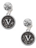 Silver Plated Antiqued Round Seal - Initial - V - Crystal Clip on Earrings