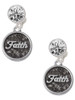 Silver Plated Antiqued Round Seal - Faith - Crystal Clip on Earrings: Color Choice - Red, Green, Blue, Purple, Pink, Clear, Black