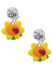 Fimo Clay Sunflower with Ladybug - Crystal Clip on Earrings: Color Choice - Red, Green, Blue, Purple, Pink, Clear, Black