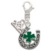 Silver Plated Good Luck Horseshoe with Green Four Leaf Clover - Silver Plated Clip on Charm with Mini Year 2025: Year to Remember Jewelry Gift - Celebrations